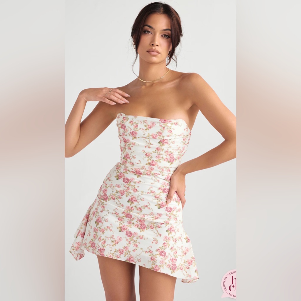 House Of Cb Jasmine Rose Print Draped Strapless Corset Dress